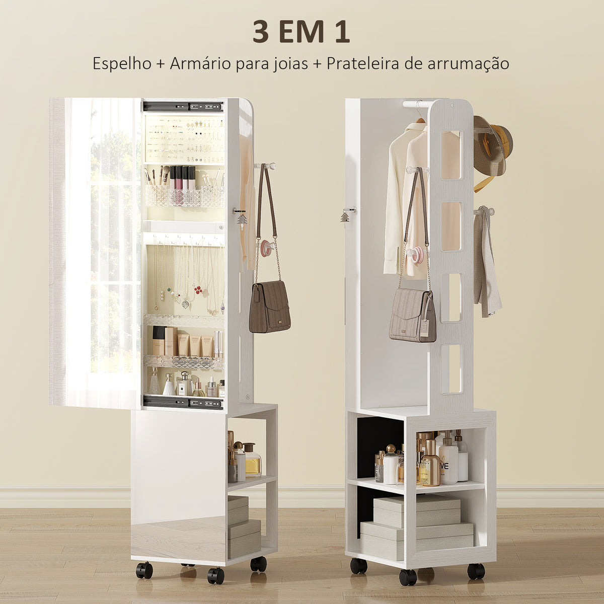 Espelho com Arrumação para Joias Luzes LED Armário para Joias com Rotação de 360° Espelho Fecho com Chave Compartimentos Superfície Branca e Forro 37x40x165,5 cm Branco — foto 4