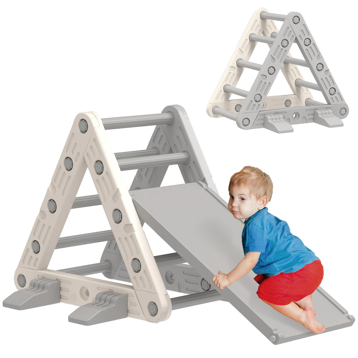 Triângulo de Escalada 3 em 1 com Escorrega e Rampa Brinquedo de Escalada para Crianças de 18-48 Meses em Plástico, para Interior e Exterior Cinza e Branco — foto 1