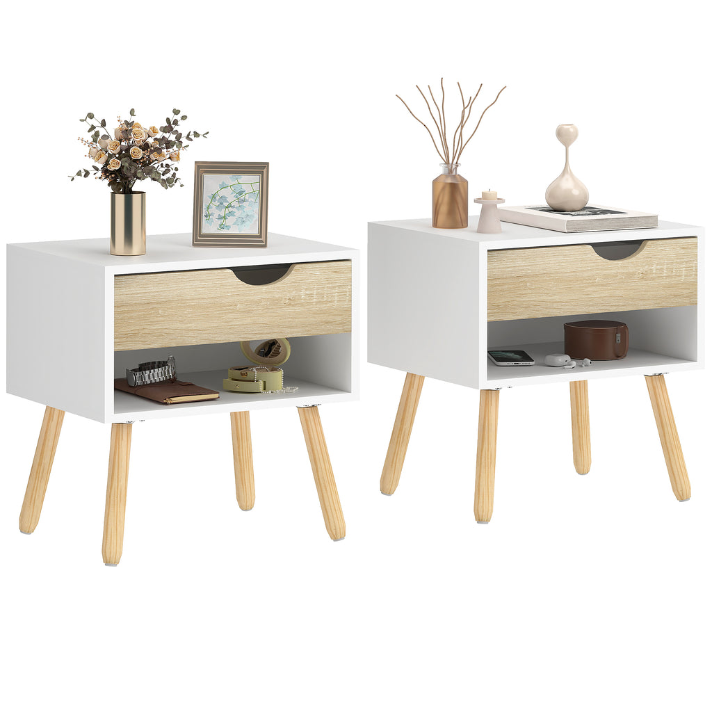 Conjunto de 2 Mesas de Cabeceira Mesa Auxiliar com 1 Gaveta e Prateleira de Armazenamento para Dormitório Sala de Estar Escritório Estilo Moderno 50x39x51cm Branco e Carvalho — foto 1