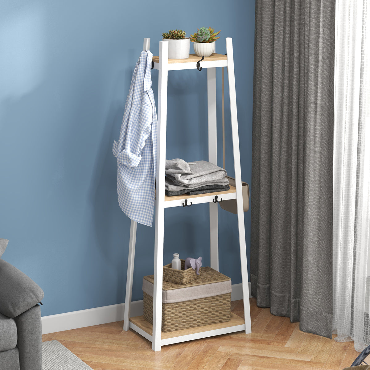 Suporte para Cabides de 3 Níveis Suporte para Cabides com 6 Ganchos e Prateleiras de Armazenamento para Entrada Corredor Quarto Sala 61x41x165 cm Natural — foto 2
