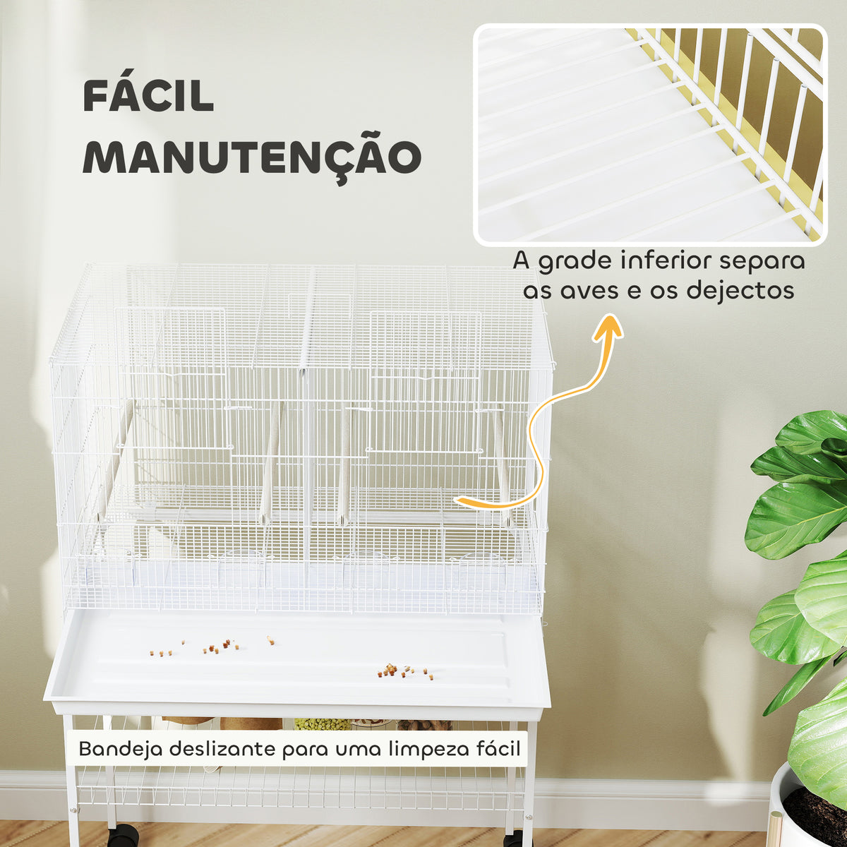 Gaiola para Pássaros com Divisória Gaiola com Rodas para Aves Papagaios Canários Gaiola para Aves com Comedouros Poleiros e Bandeja Removível, 76x46x116 cm Branco — foto 7