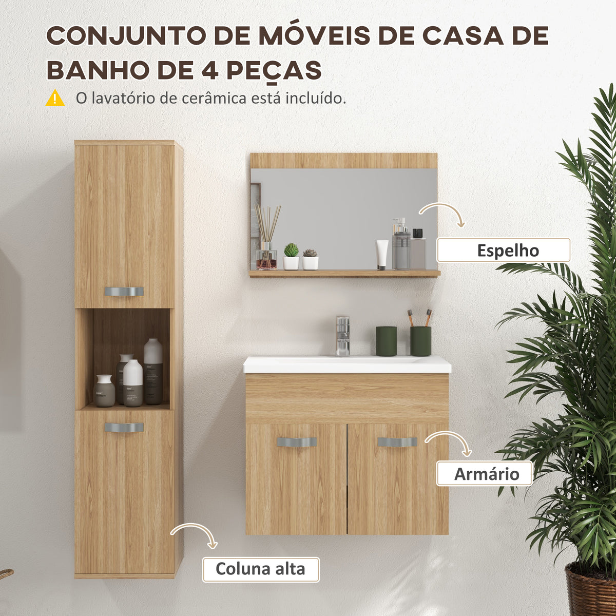 Conjunto de Móveis para Casa de Banho de Parede 3 Peças Inclui Espelho com Prateleira Móvel com Lavatório Cerâmico e Coluna de Casa de Banho Estilo Moderno Madeira — foto 4