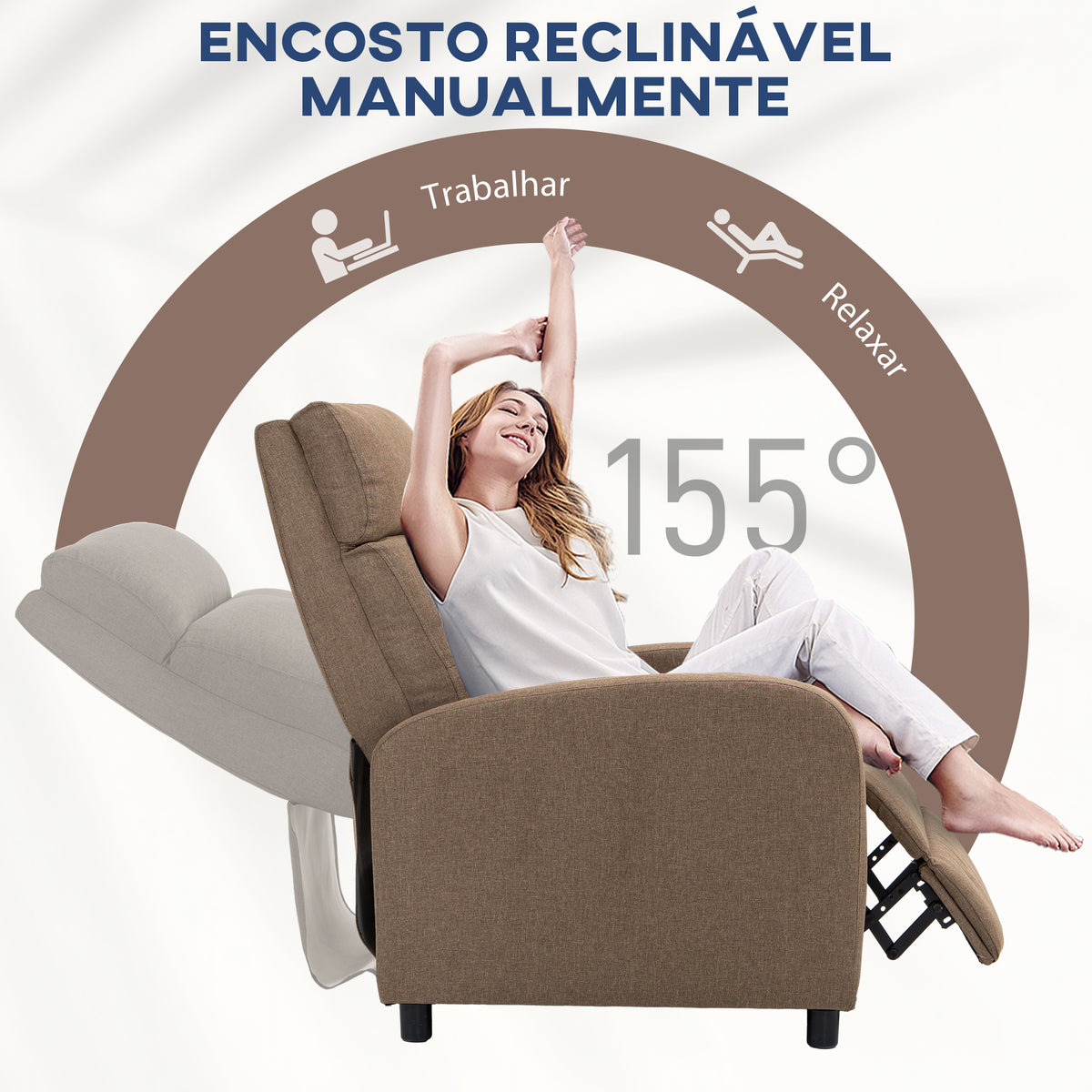 Poltrona Relax Reclinável até 155° Poltrona Reclinável Manual Estofado em Tecido Carga Máxima 150 kg para Pessoas com Altura Inferior 195 cm 67x87x98 cm Marrom — foto 4