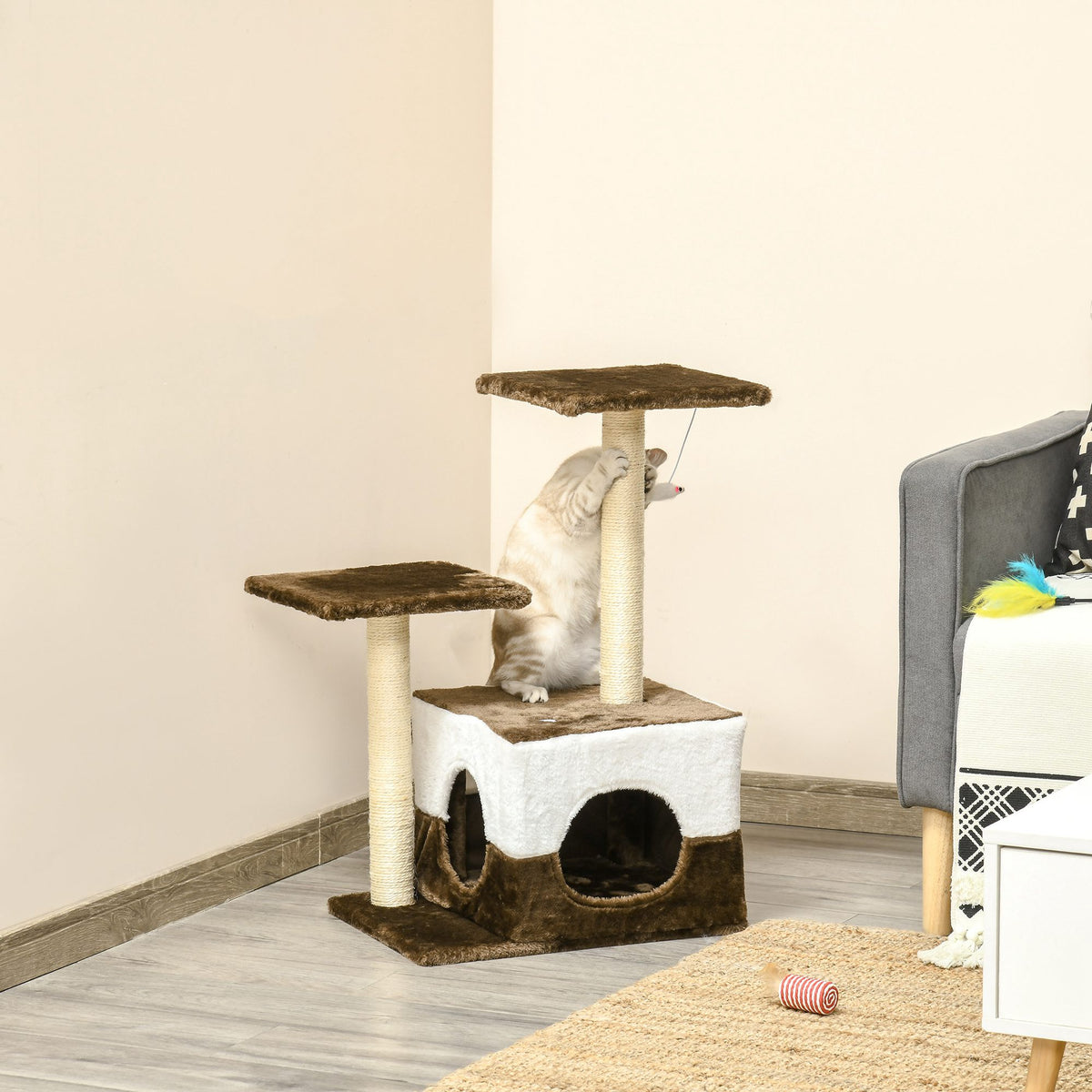 Árvore Arranhadora para Gatos Altura 70cm com Caverna de Pelúcia Suave 2 Plataformas Postes Arranhadores de Sisal Natural e Brinquedo Suspenso 45x33x70cm Marrom Café — foto 2