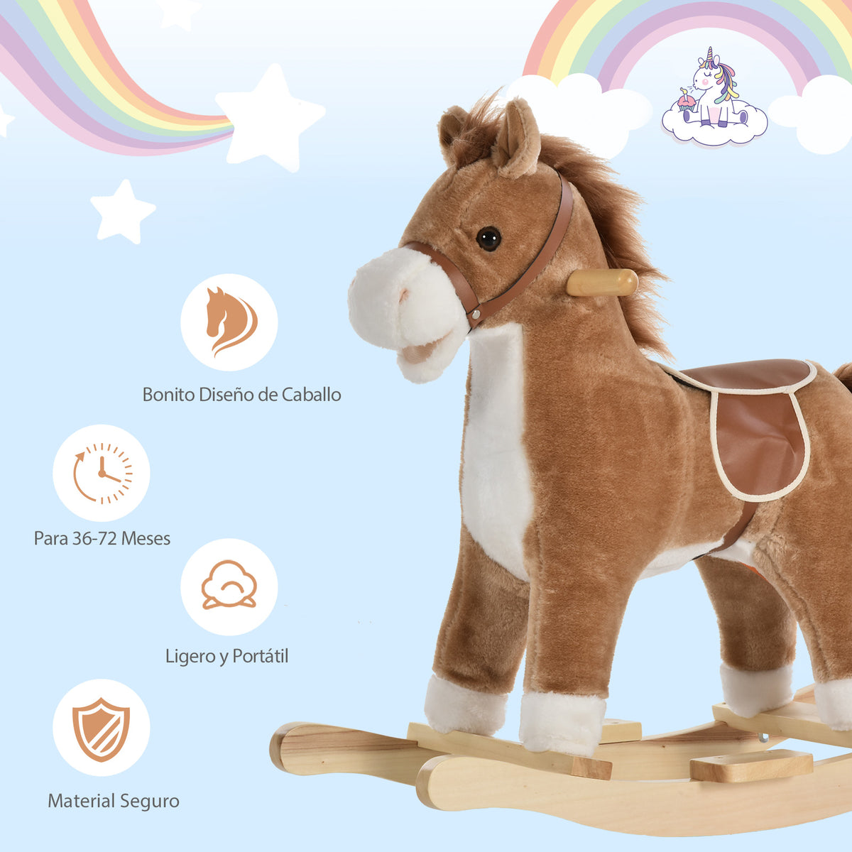 Cavalo Baloiço para Crianças acima de 36 Meses Cavalo Baloiço de Pelúcia Suave com Música Relinchos Sons de Galope Boca e Cauda Móveis 65x32,5x61 cm Marrom — foto 5