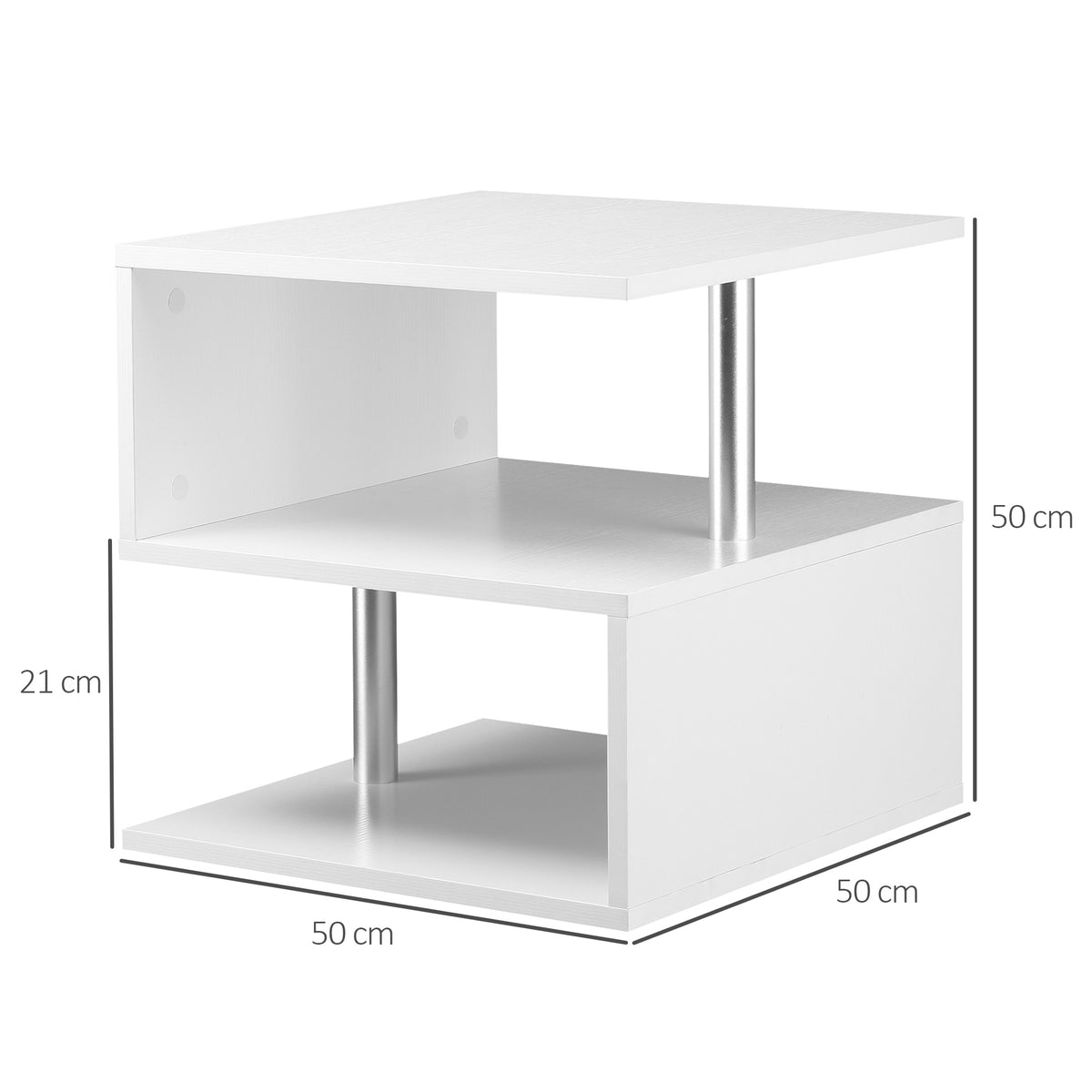 Mesa de Centro Mesa Auxiliar de Sala de Estar com Forma de S Compartimentos Abertos 2 Níveis Desenho Elegante 50x50x50cm Branco — foto 3
