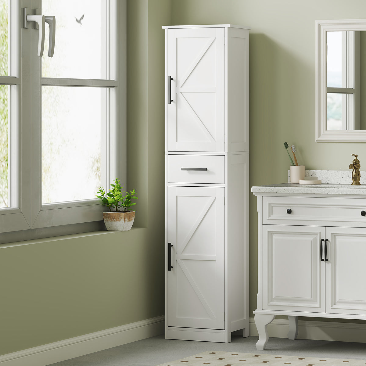 Coluna de Casa de Banho com 2 Portas 1 Gaveta e 2 Prateleiras Ajustáveis Armário Alto de Casa de Banho Estreito Estilo Rústico 40x30x170 cm Branco — foto 2