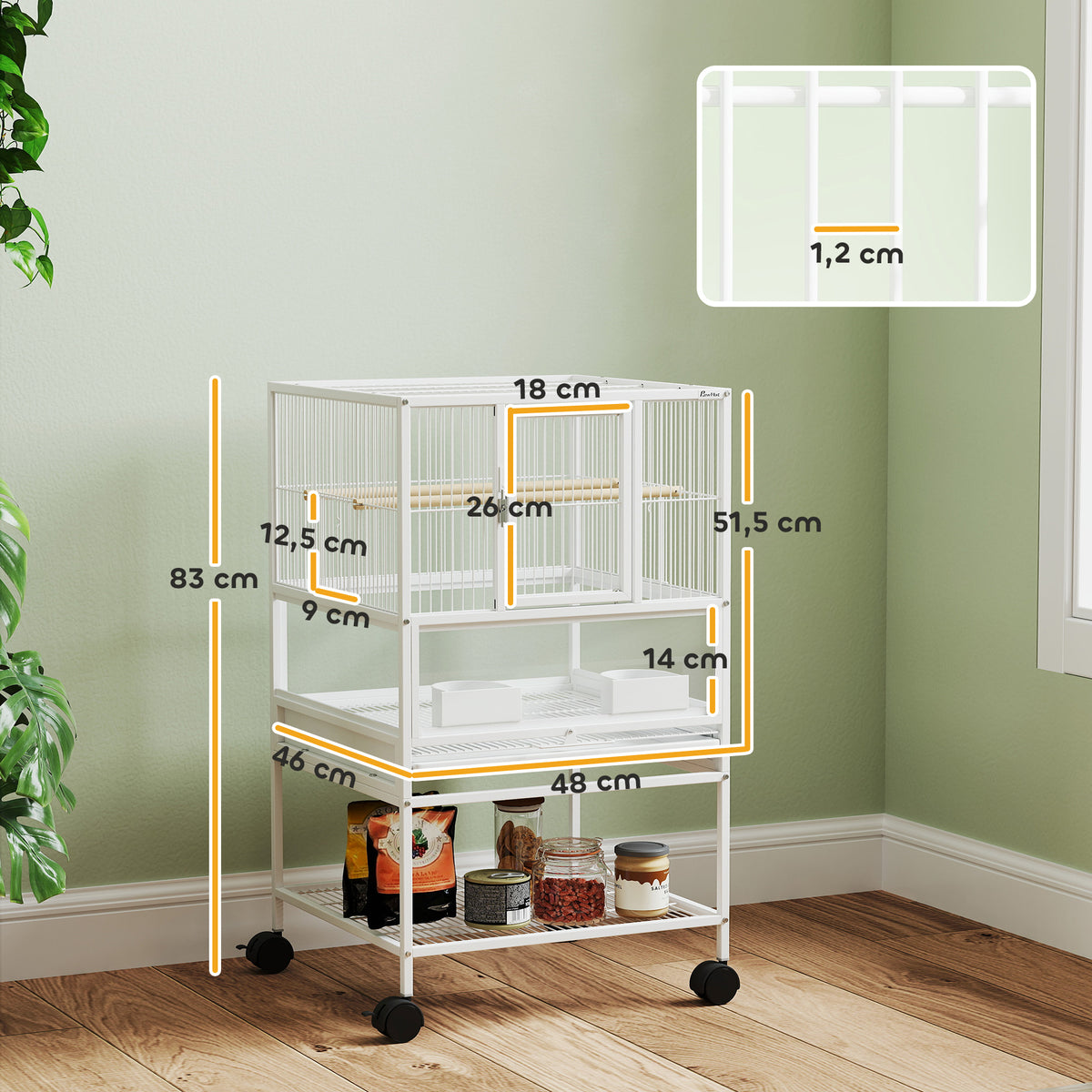Gaiola para Pássaros Gaiola Grande com Rodas Painéis Acrílicos Comedouros Poleiros Prateleira Bandeja Amovível Gaiola para Papagaios Canários 48x46x83 cm Branco — foto 3