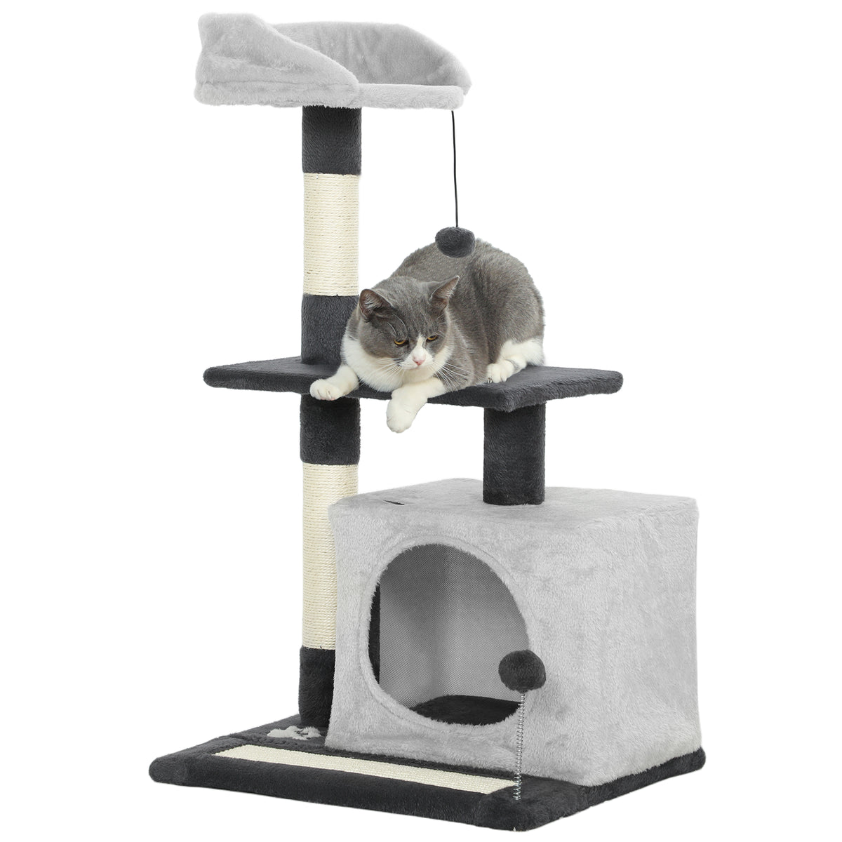 Arranhador para Gatos com Altura de 85 cm Torre de Escalada com Plataformas Caverna Postes Arranhadores Tapete de Sisal e Bolas Cinzento Claro e Preto — foto 1