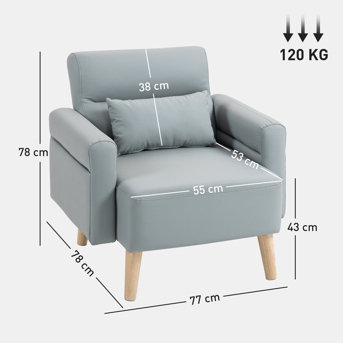Poltrona Moderna Estofada em Couro Sintético com Apoios de Braço Acolchoados Encosto com Costuras e Pés em Madeira para Dormitório 77x78x78 cm Cinzento — foto 3