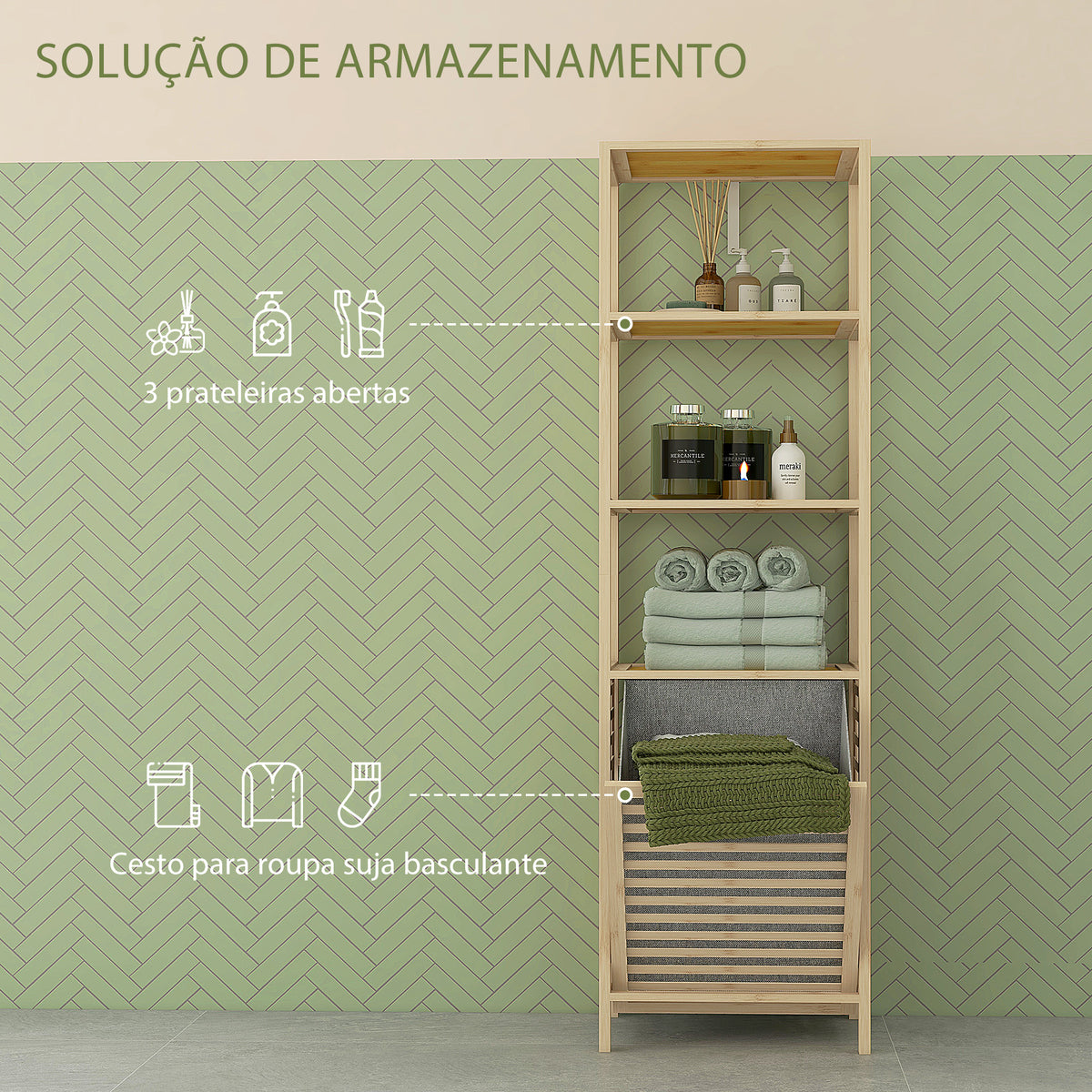 Estante de Casa de Banho em Bambu Estante de Armazenamento de Casa de Banho com 3 Prateleiras e 1 Cesto para Roupa Suja Removível 44x33x160 cm Natural — foto 4