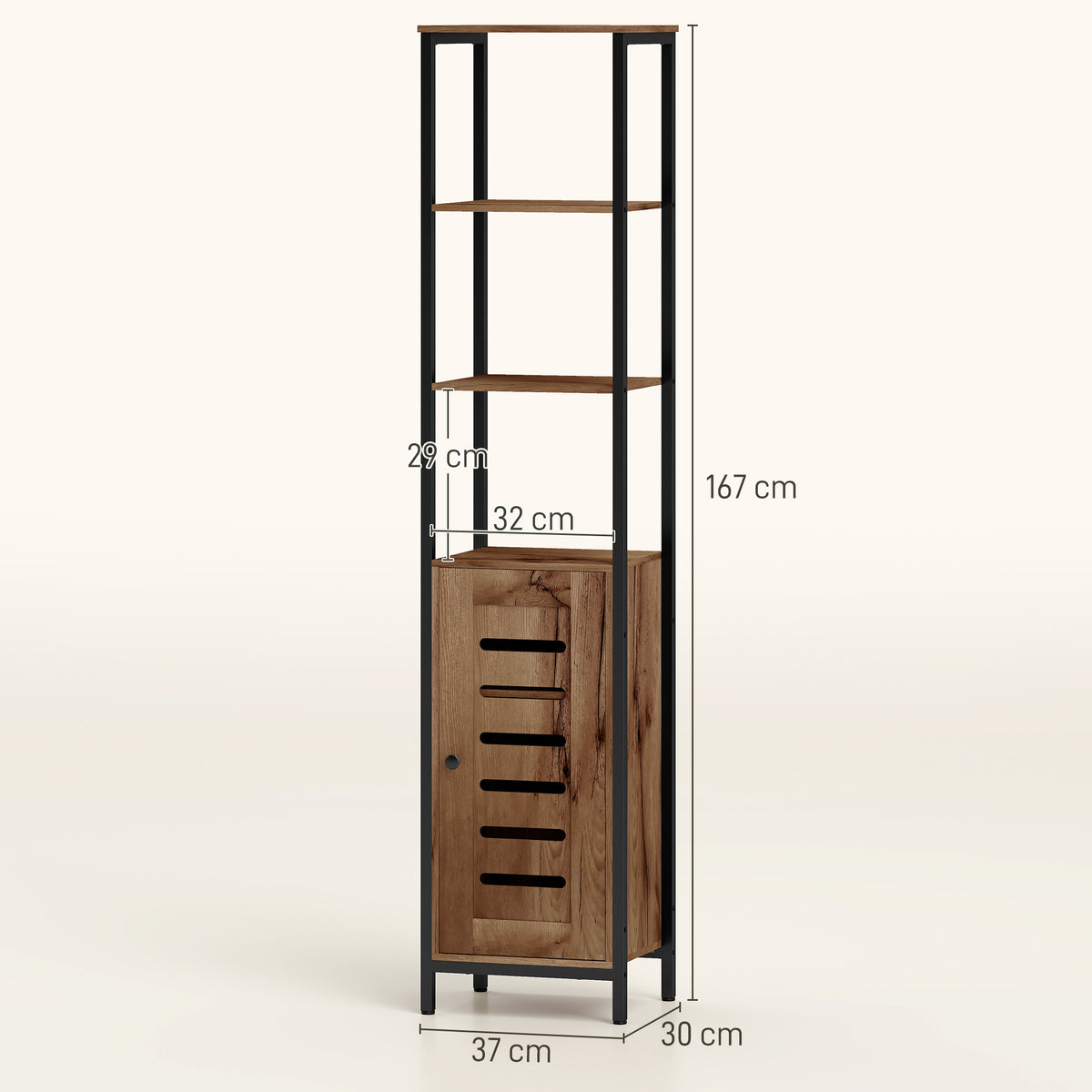 Coluna Casa de Banho Armário Alto Casa de Banho Estreito com Porta de Ripas Prateleiras Ajustáveis Compartimentos Abertos Estrutura de Aço 37x30x167 cm Castanho Rústico — foto 3