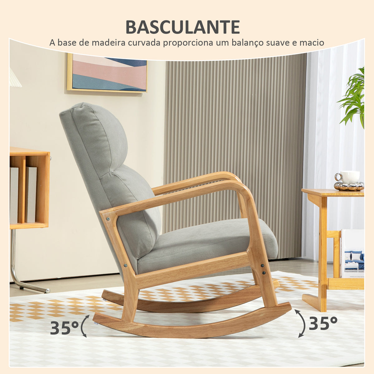 Poltrona Baloiço Estofada em Linho Poltrona Baloiço com Pés de Madeira de Borracha e Apoio para os Braços para Sala de Estar Dormitório Carga 150 kg 65x87x94,5 cm Cinza — foto 4