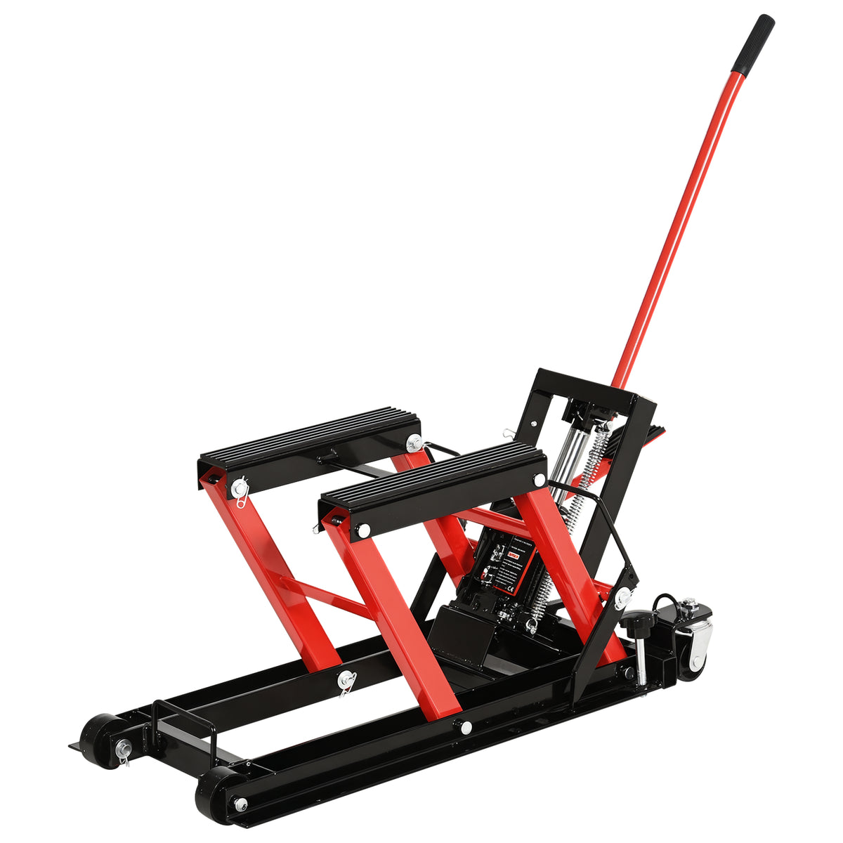 Macaco Hidráulico de Motocicletas Elevador de garagem ATV pista com plataforma Suporte antiderrapante para serviço pesado em aço 680 kg 110x36x67 cm Preto e vermelho — foto 1