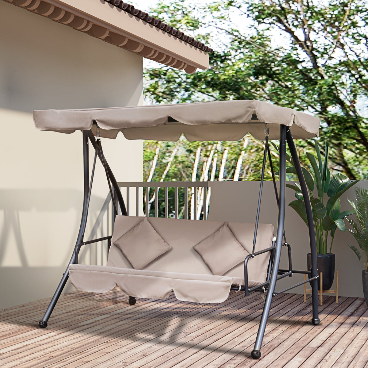 Baloiço Jardim 3 Lugares Convertível em Cama com Toldo Reclinável Almofada para Jardim Terraço Pátio Ar livre Carga Máxima 340kg 200x125x170cm Bege — foto 2