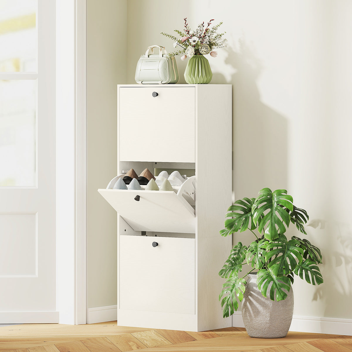 Sapateira Estreita com 3 Portas Abatíveis Sapateira para Entrada com Prateleiras Ajustáveis para 12 Pares de Sapatos para Corredor Espaços Reduzidos 47x28x115 cm Branco — foto 2