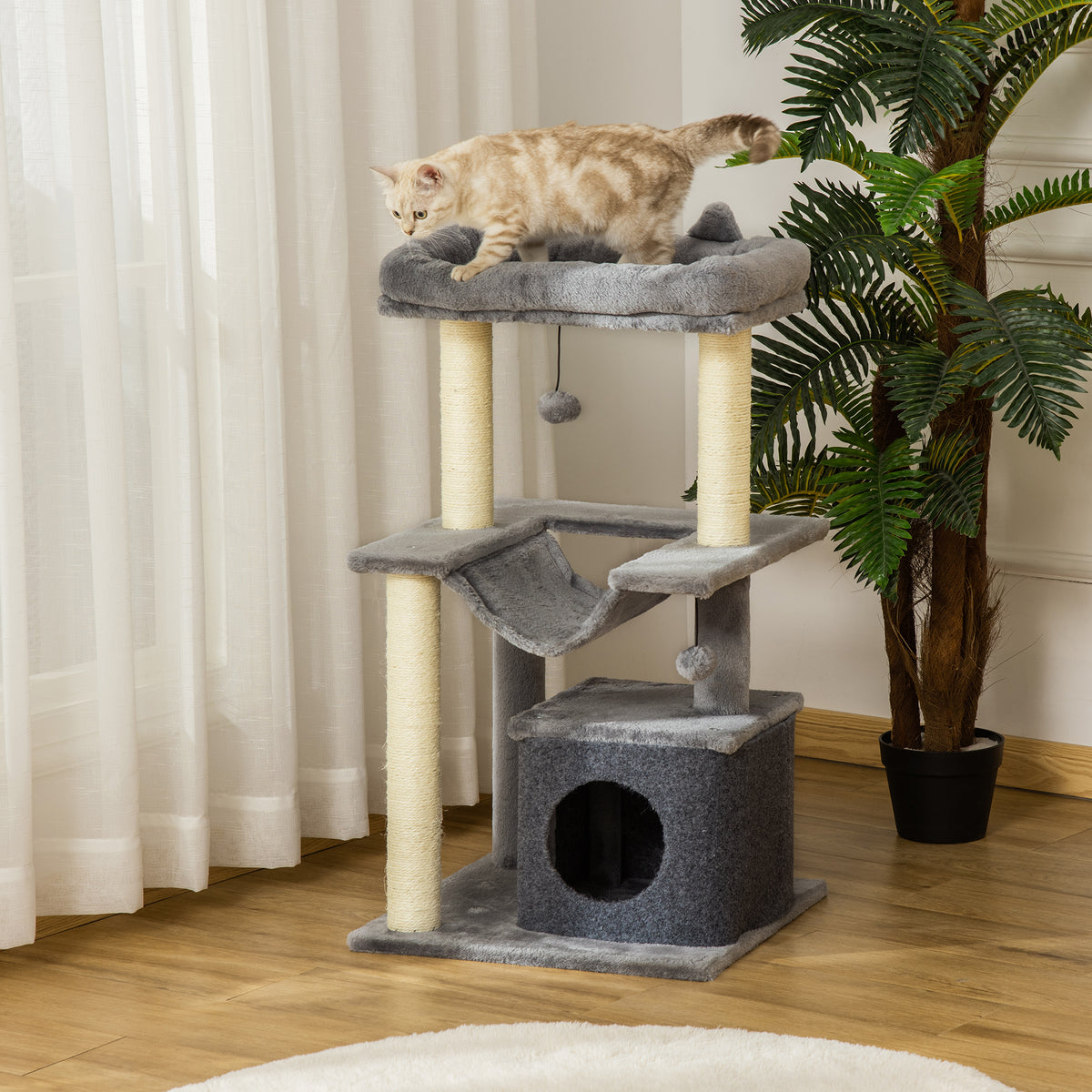 Arranhador para Gatos Altura 90 cm Torre para Gatos de 3 Níveis com Caverna Rede Plataforma Bolas Suspensas e Poste de Sisal 48x48x90 cm Cinza — foto 2