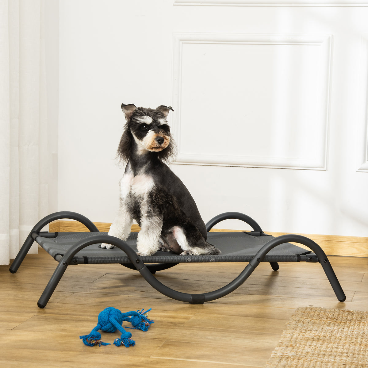 Cama Elevada para Cães Pequenos e Médios Cama para Animais de Estimação com Tecido de Malha Respirável Estrutura Curvada para Interior Exterior 92x55,5x21cm Cinza — foto 2