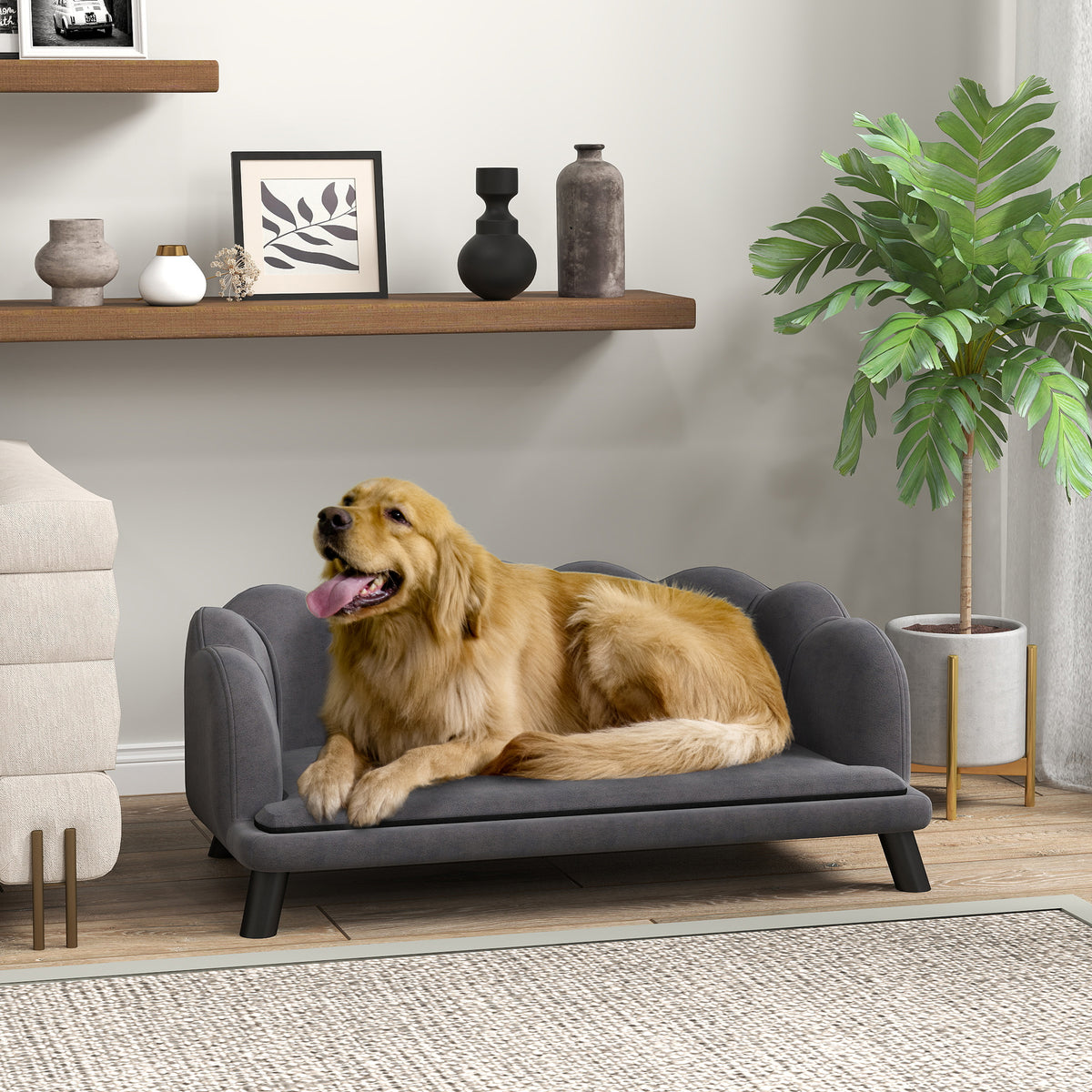 Sofá para Cães Médios Sofá Cama para Animais de Estimação Estofado em Veludo com Pés de Madeira Carga Máxima 25 kg 98,5x60,5x35,5 cm Cinza Escuro — foto 2