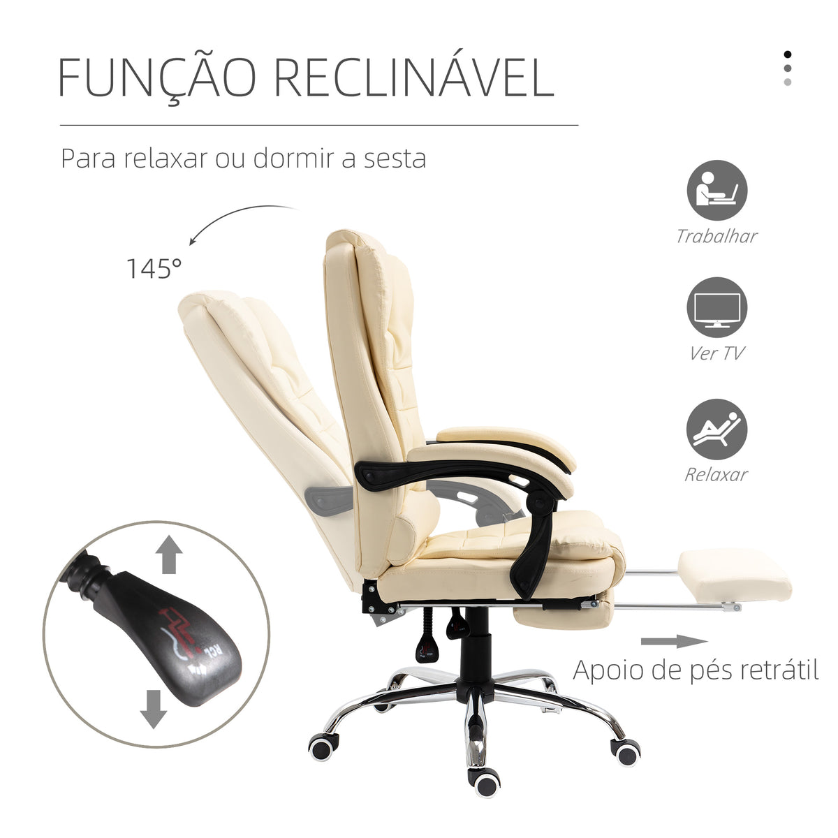 Cadeira de Escritório Reclinável Cadeira de Escritório com Apoio para os Pés Cadeira Executiva Giratória com Altura Ajustável Estofada em PU e Apoio para os Braços 64,5x69x109-117 cm Creme — foto 5