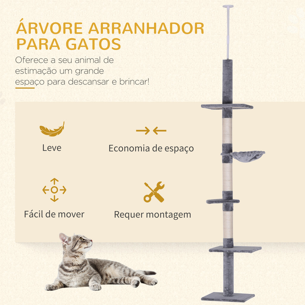Árvore Arranhadora para Gatos Arranhador para Fixar ao Teto Altura Ajustável com Plataformas Poste de Sisal 40x34x230-260cm Cinza — foto 4