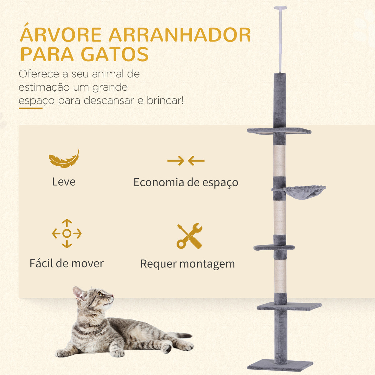 Árvore Arranhadora para Gatos Arranhador para Fixar ao Teto Altura Ajustável com Plataformas Poste de Sisal 40x34x230-260cm Cinza — foto 4