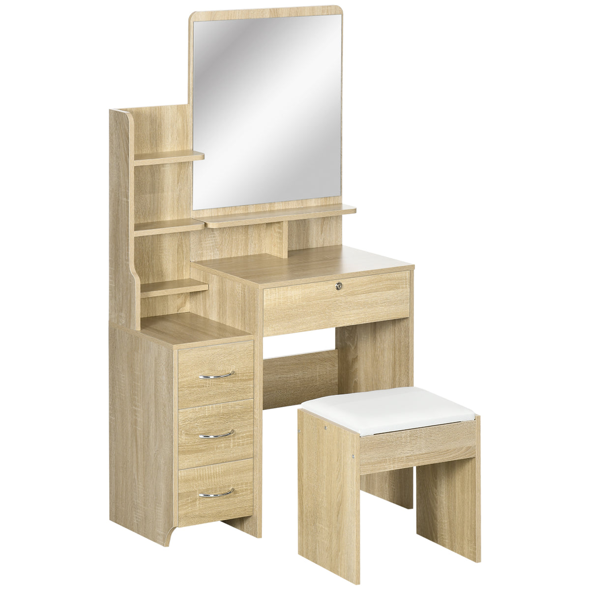 Toucador de Maquilhagem com Banco e Espelho Mesa de Maquilhagem com 4 Gavetas 4 Compartimentos de Armazenamento Estilo Moderno 80x38x143 cm Madeira — foto 1