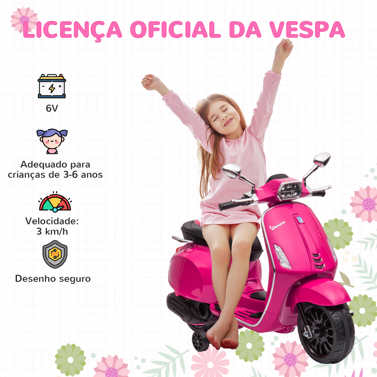 Moto Elétrica para Crianças de 3-6 Anos com Licença Vespa Motocicleta de Bateria 6V com USB MP3 Luz LED Rádio FM Moto para Crianças com Velocidade 3 km/h Carga 35 kg 107x47x73 cm Rosa — foto 4