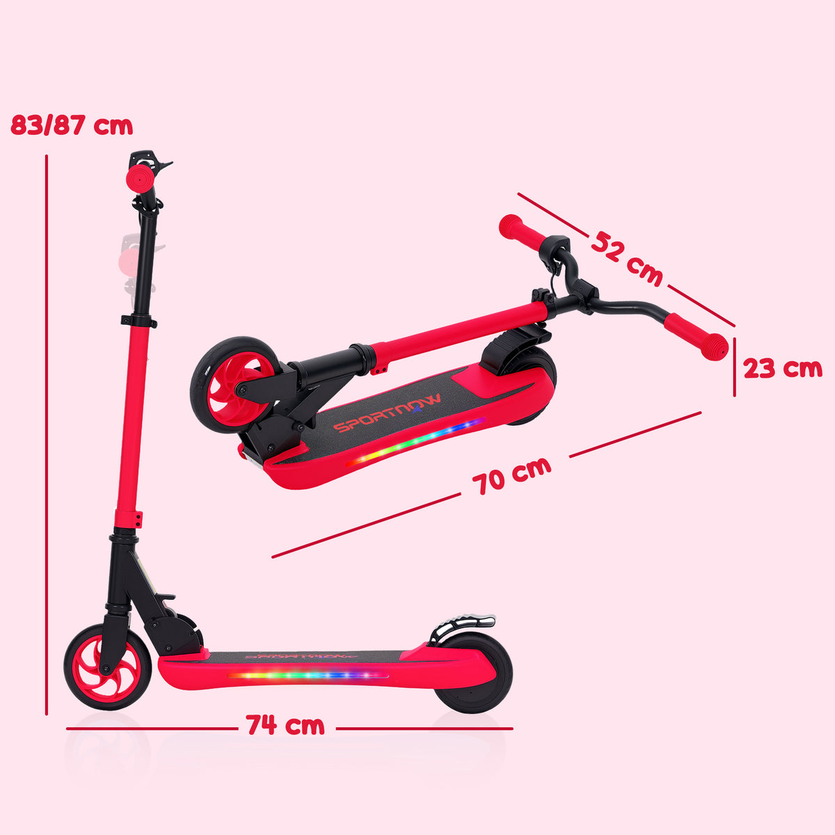 Trotinete Elétrica Dobrável para Crianças acima de 6 Anos Motor 120 W Autonomia 6 km e Máximo 10 km/h com Travão Altura Ajustável Luzes LED e Estrutura de Alumínio 74x52x83-87 cm Vermelho — foto 3