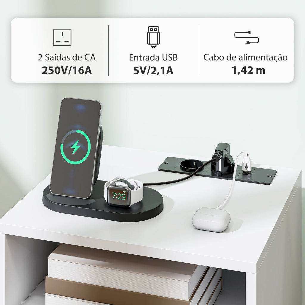 Mesa de Cabeceira com Estação de Carregamento Gaveta 2 Tomadas AC Porta USB e Tipo-C Compartimento Aberto Pernas de Madeira para Sala Quarto 40x35x54,7 cm Branco — foto 4