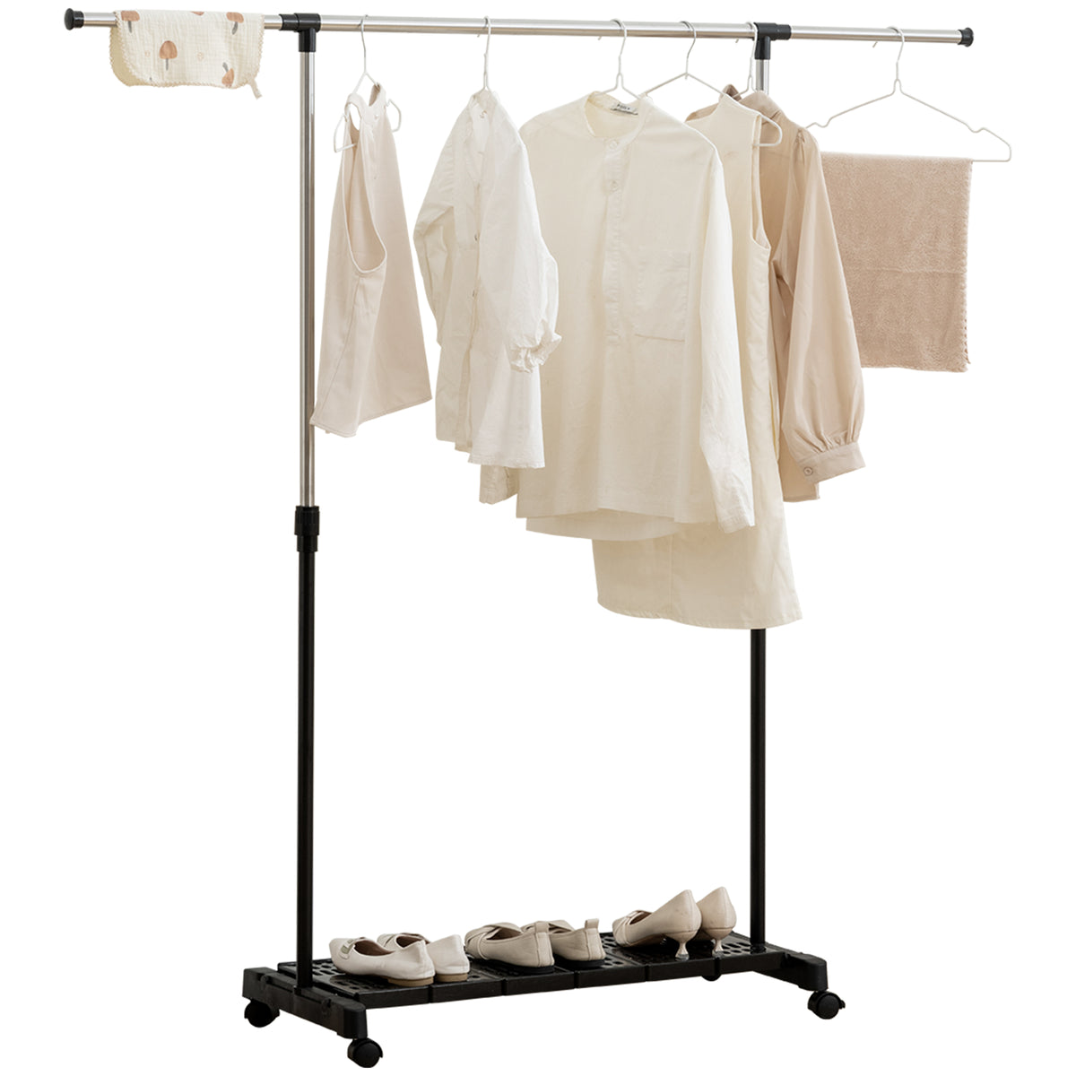 Charriot Extensível com Rodas Charriot de Roupa com Barra de Aço Inoxidável e Prateleira para Sapatos Altura Ajustável para Interior 94-159x42x93-168 cm Preto — foto 1