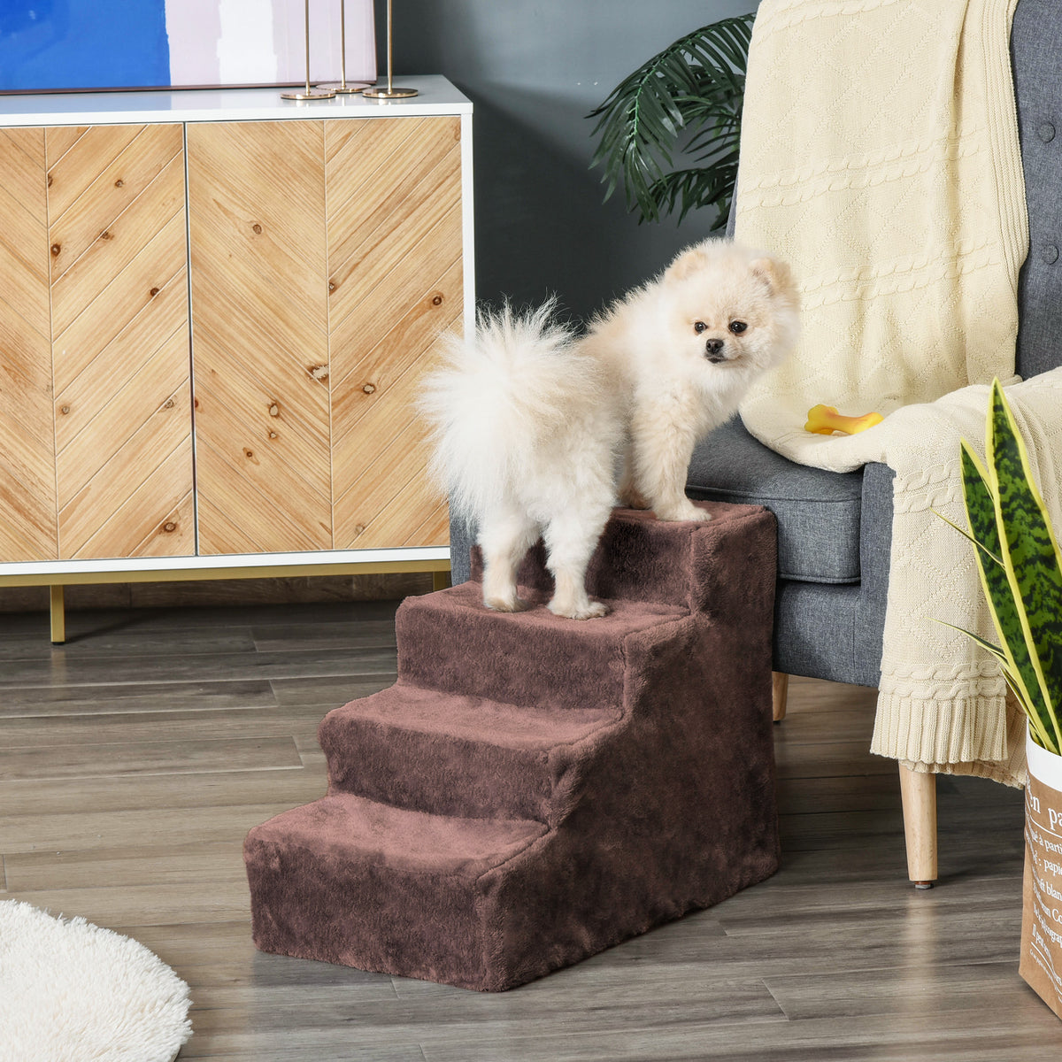 Escada para Animais de Estimação com 4 Degraus 2 em 1 com Capa Removível e Lavável Escada para Cães Gatos Carga 30kg 60x35x44 cm Marrom — foto 2