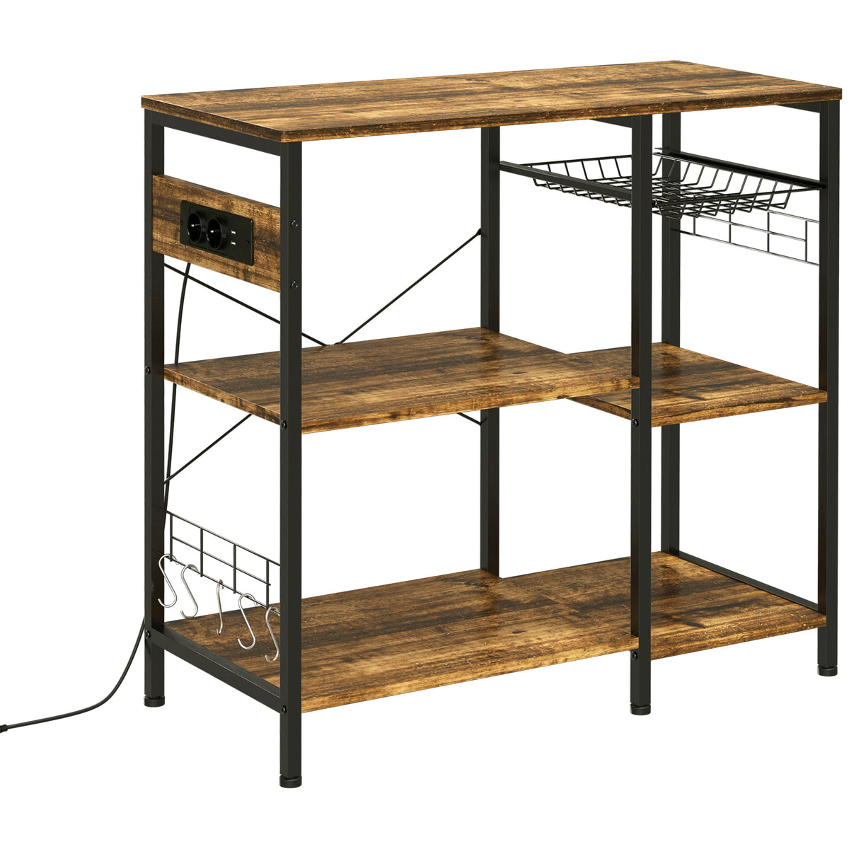 Estante de Cozinha Estilo Industrial Estante de Cozinha com Tomada Elétrica Prateleiras Ajustáveis Ganchos e Cesta Metálica 90x40x83 cm Marrom Rústico — foto 1