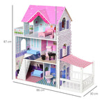 Casa de Bonecas de 3 Andares com Pátio Móveis Acessórios Bonita Casa de Bonecas de Madeira 86x30x87 cm Rosa — foto 3