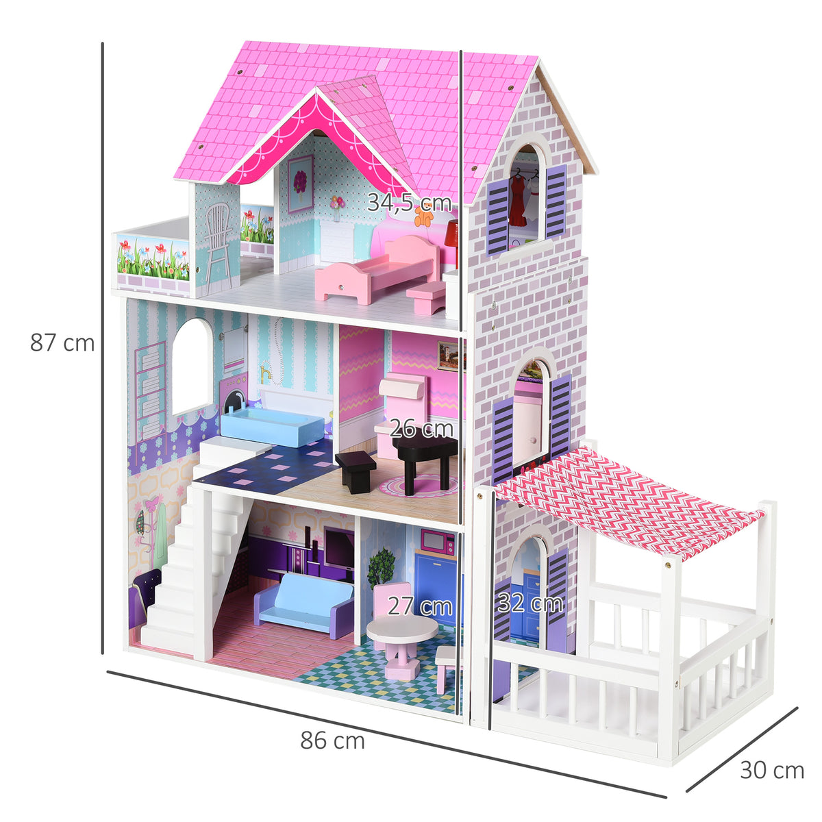 Casa de Bonecas de 3 Andares com Pátio Móveis Acessórios Bonita Casa de Bonecas de Madeira 86x30x87 cm Rosa — foto 3