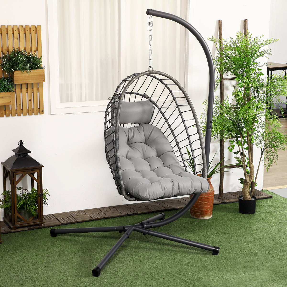 Cadeirão Suspenso de Vime Cadeira Suspensa Dobrável com 2 Almofadas e Estrutura de Aço Capacidade 100 kg para Uso Interior e Exterior 100x131x194 cm Cinza Escuro — foto 2