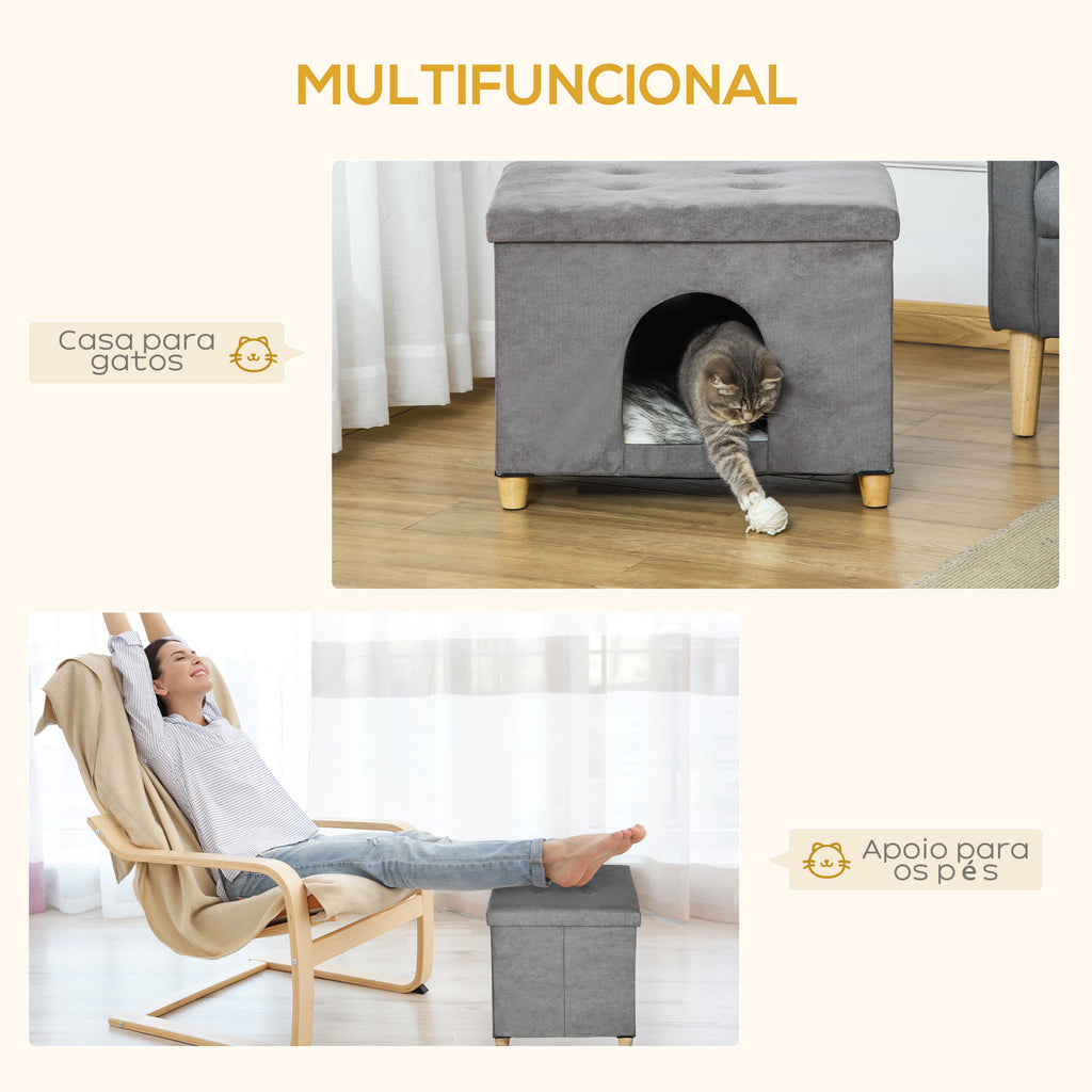 Caverna para Gatos 2 em 1 Banco para Apoio dos Pés com Tampa Removível Orifício de Entrada Almofada Lavável e Pés Elevados de Madeira para Interior 60x45x44,5cm Cinza — foto 4