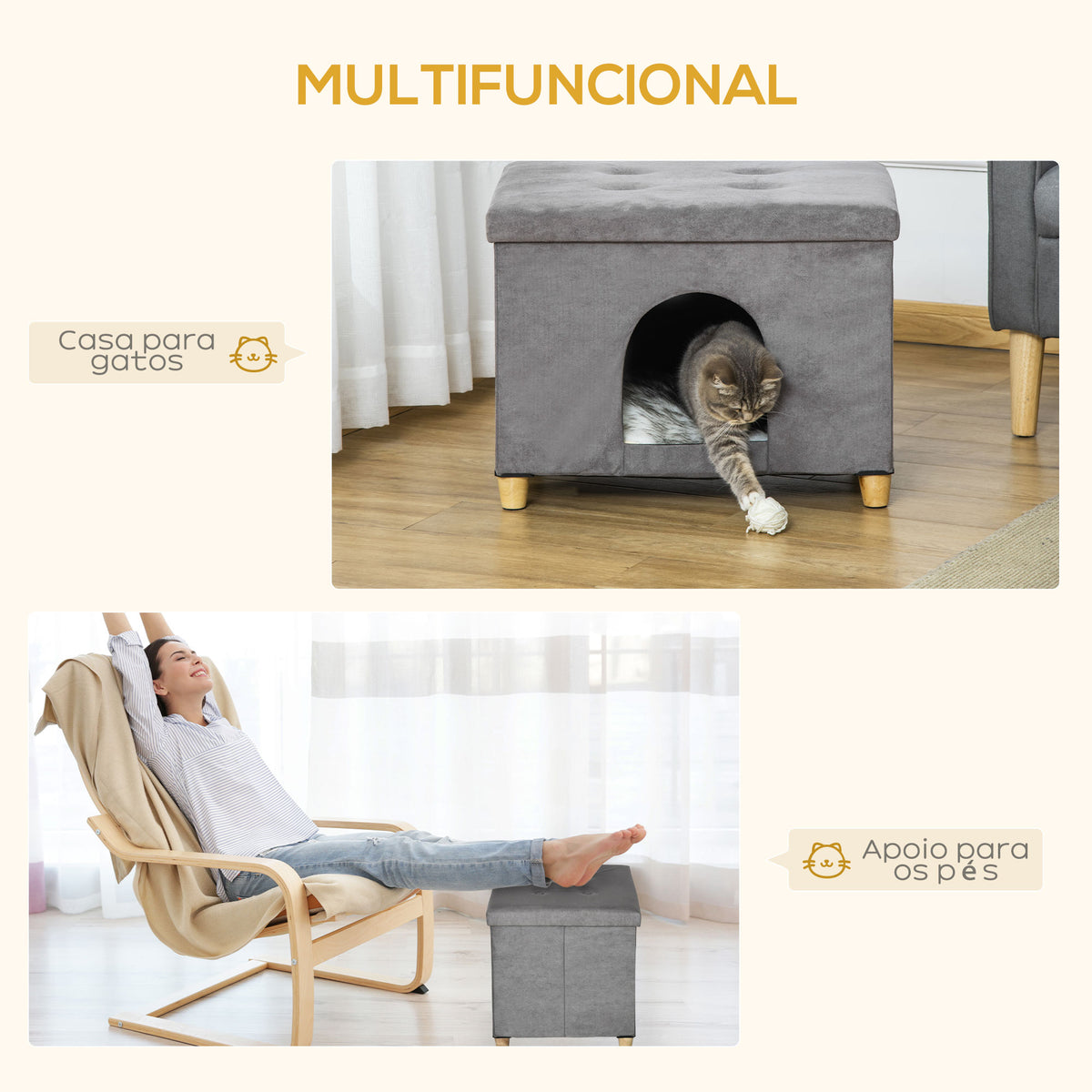 Caverna para Gatos 2 em 1 Banco para Apoio dos Pés com Tampa Removível Orifício de Entrada Almofada Lavável e Pés Elevados de Madeira para Interior 60x45x44,5cm Cinza — foto 4
