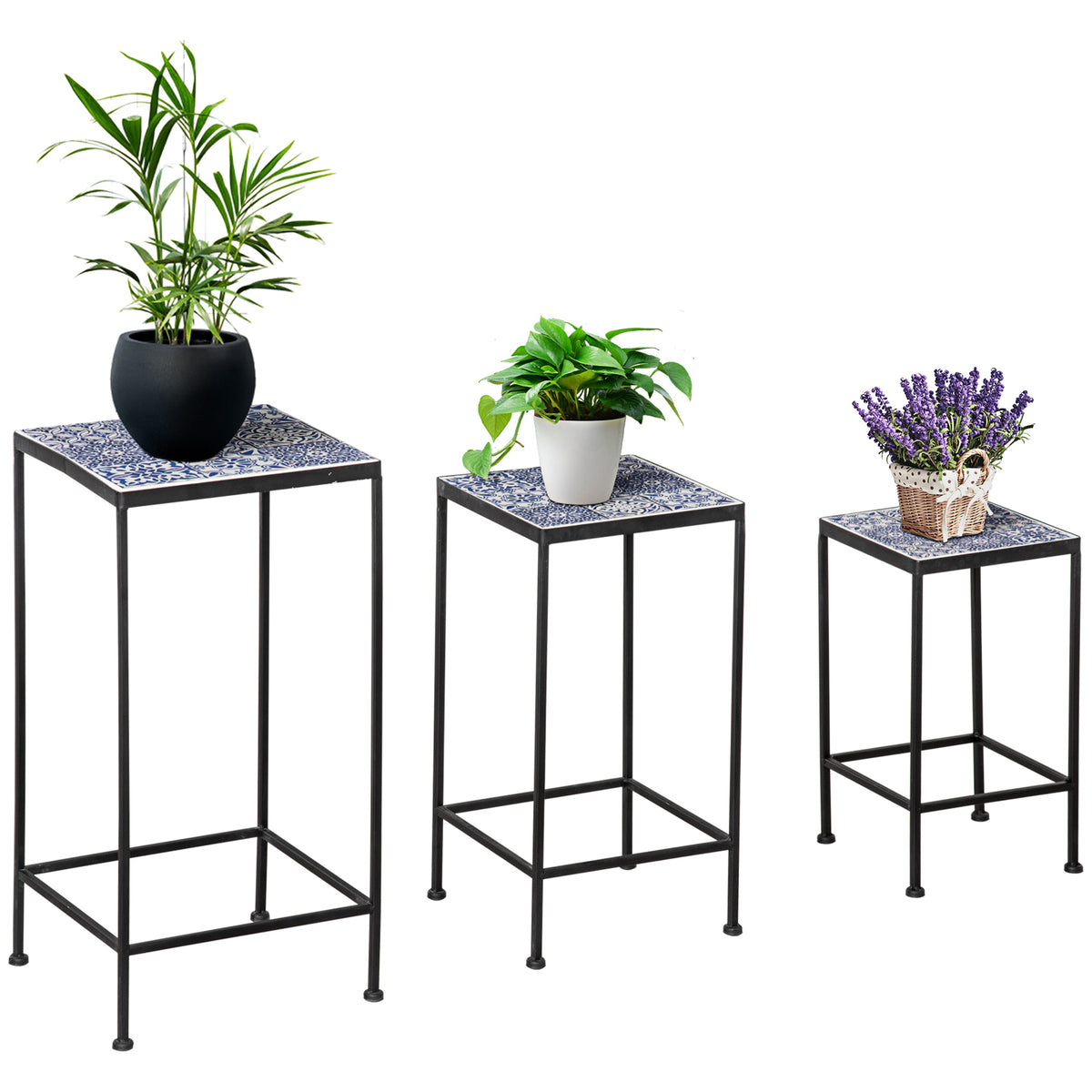 Suporte para Vasos de Metal 3 Peças Empilháveis Suporte para Plantas com Bancada de Azulejo Decorativa para Interiores e Exteriores 31,5x31,5x60,5 cm Azul e Preto — foto 1