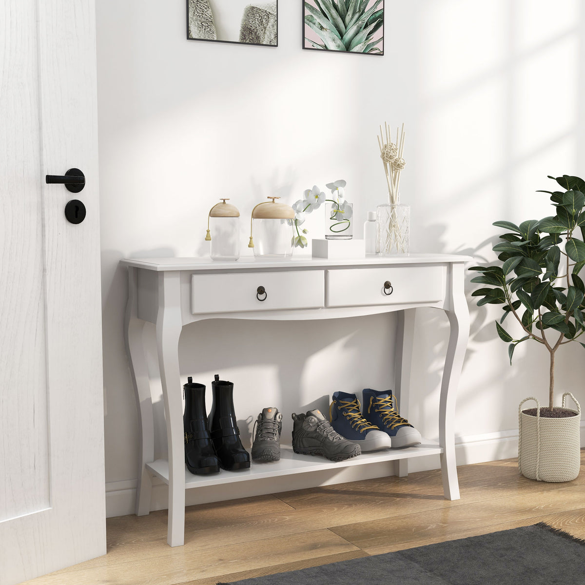 Mesa Tipo Consola para Sala de Estar Consola para Entrada com 2 Gavetas e Prateleira Inferior 100x33x75cm Branco — foto 2