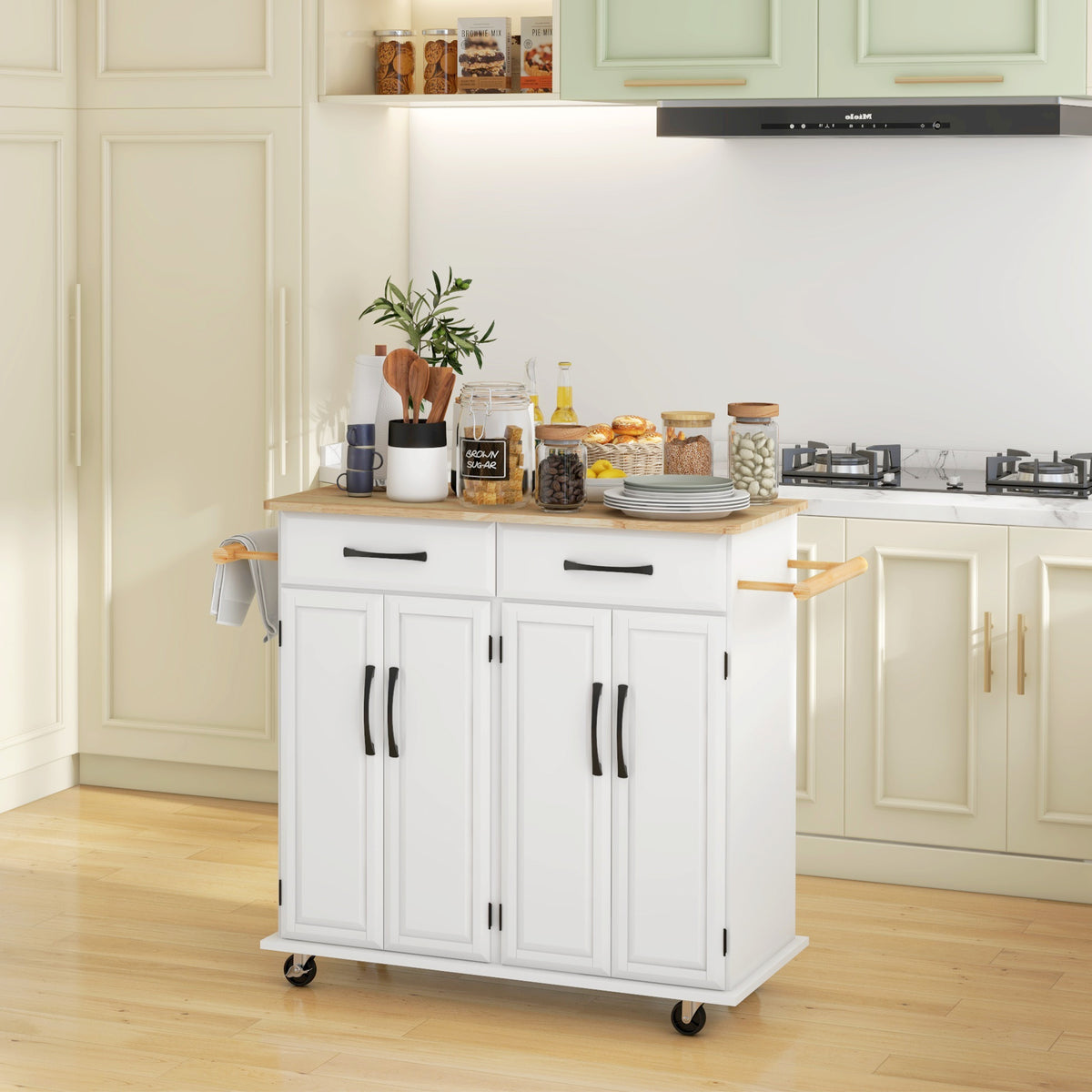 Ilha de Cozinha Carrinho de Cozinha Móvel Auxiliar de Jantar com Rodas 4 Portas 2 Gavetas Toalheiros e Prateleiras Ajustáveis 111x44,5x90,5 cm Branco e Carvalho — foto 2