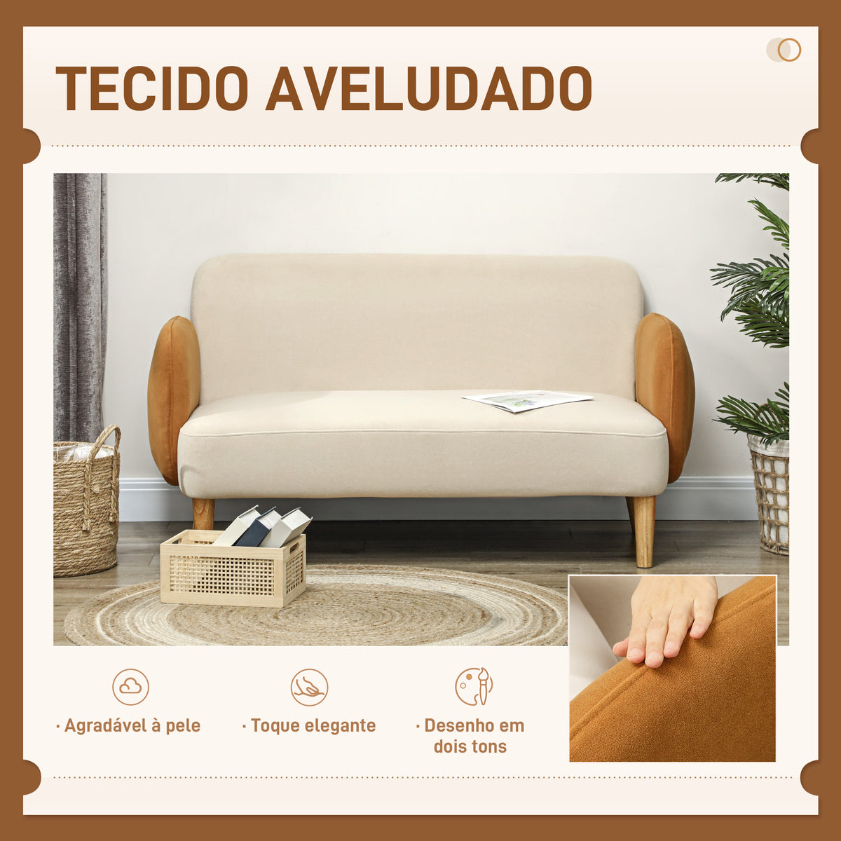 Sofá de 2 Lugares Estofado em Veludo Sofá de Sala de Estar com Apoio para os Braços e Pés de Madeira Sofá Pequeno Carga 240 kg para Dormitório Escritório 130x74x76 cm Bege e Ocre — foto 4