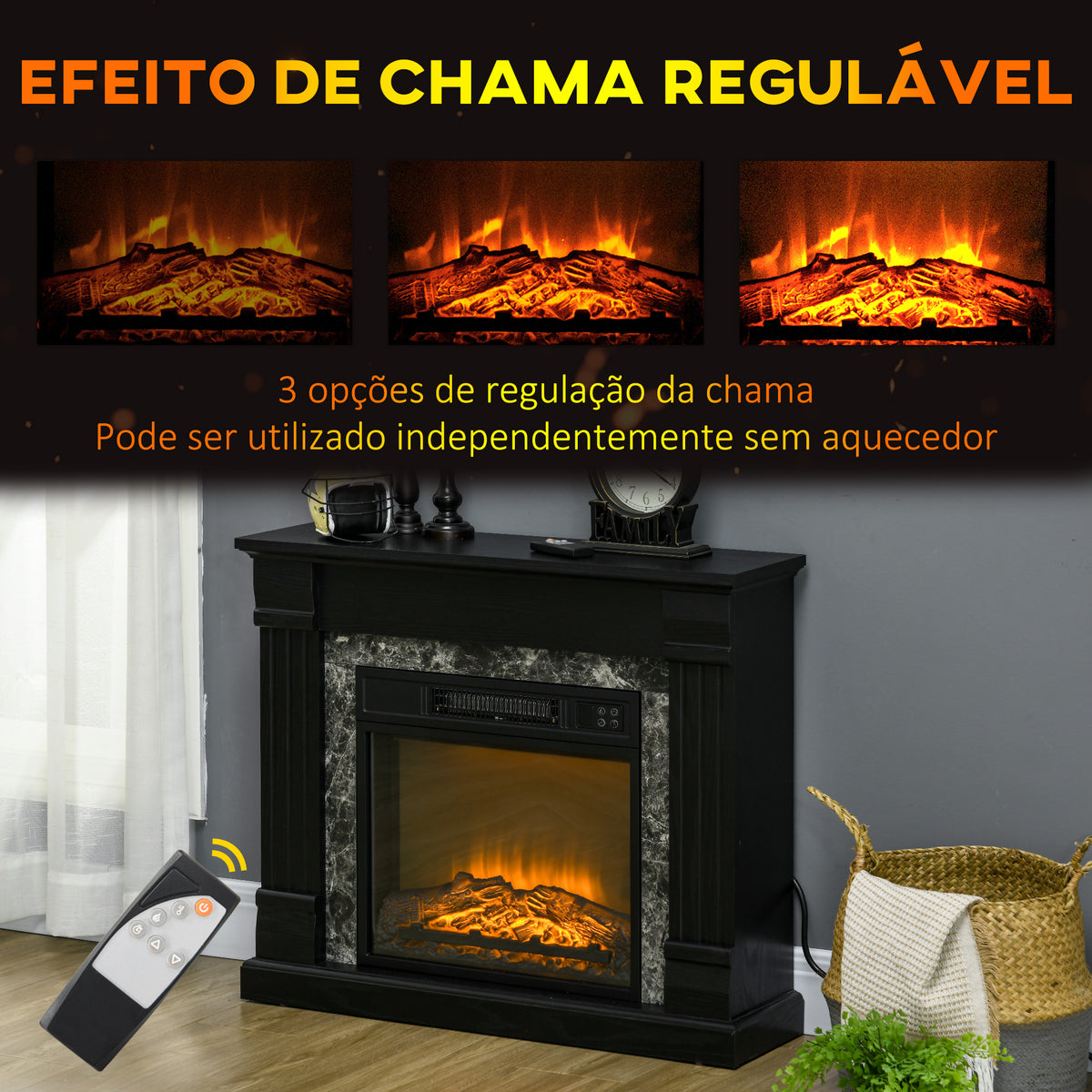 Lareira Elétrica 1800W Lareira com Efeito de Chama Realista Controlo Remoto Temporizador e Proteção Contra Superaquecimento para Ambientes de 30 m² 80x21,6x67,8 cm Preto — foto 4