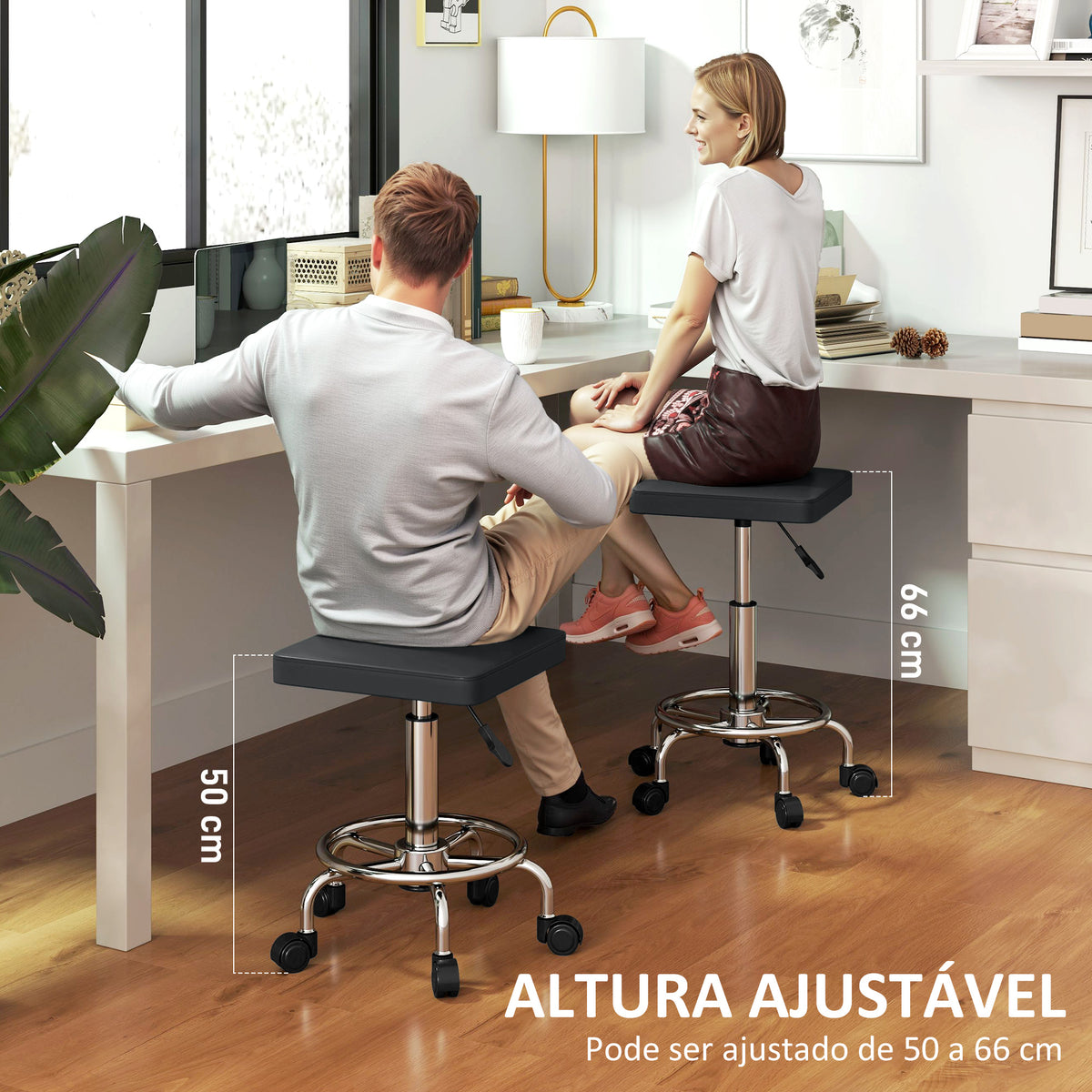 Banco Giratório Banco com Rodas Altura Regulável 50-66 cm Assento Estofado em Imitação de Couro Descanso para os Pés para Salões e Oficinas 34x34x50-66 cm Preto — foto 4