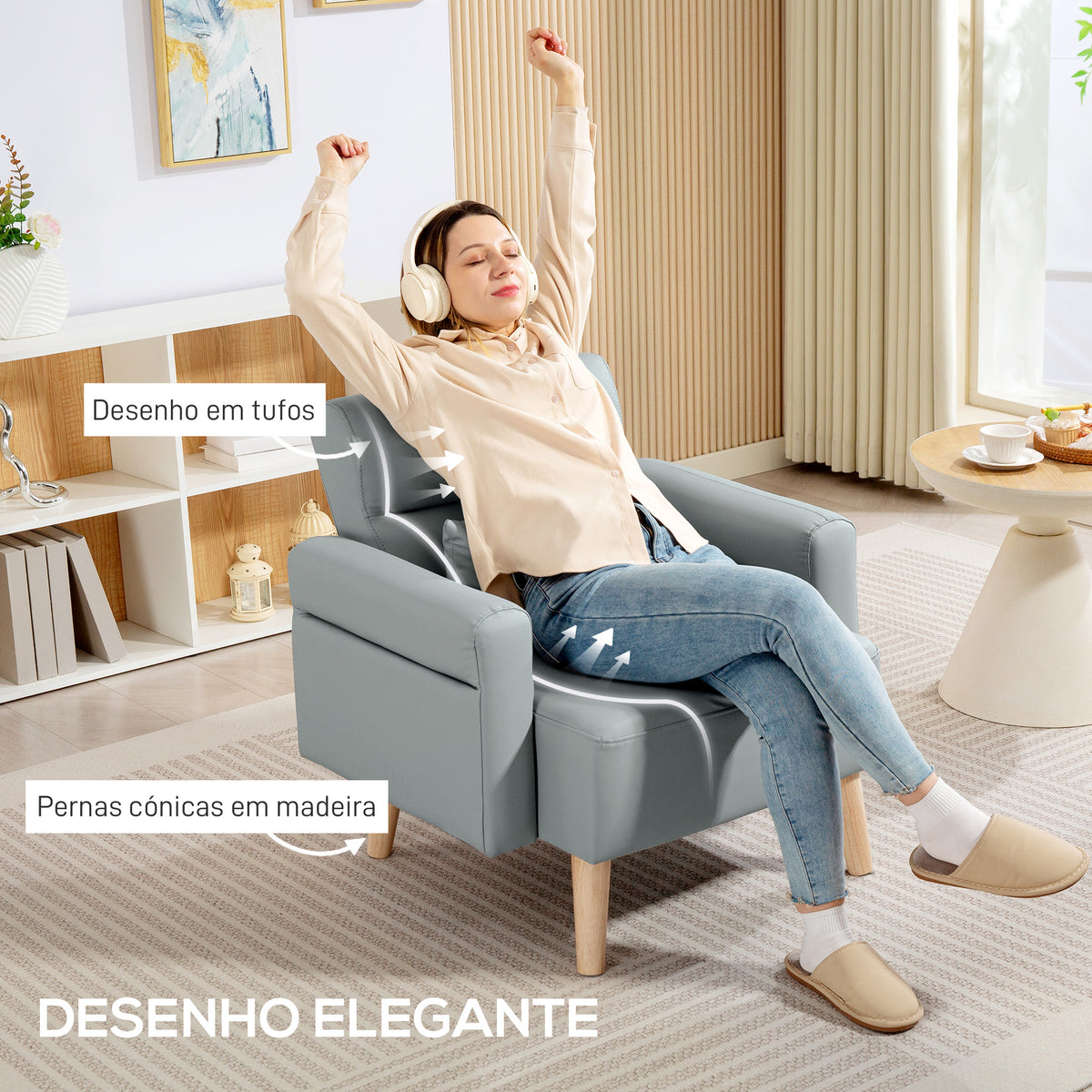 Poltrona Moderna Estofada em Couro Sintético com Apoios de Braço Acolchoados Encosto com Costuras e Pés em Madeira para Dormitório 77x78x78 cm Cinzento — foto 5