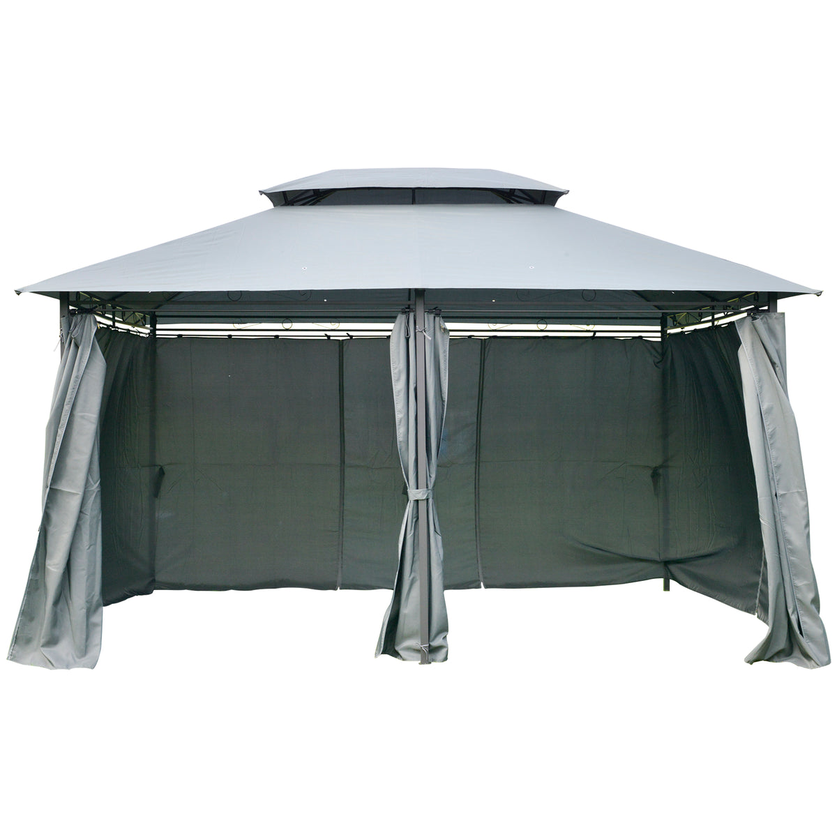 Pérgola de Jardim com Estrutura de Aço Teto Duplo 6 Cortinas Laterais 8 Orifícios de Drenagem 300x400x280 cm Cinza — foto 1