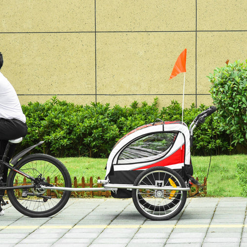 2 em 1 Reboque de Bicicleta Infantil de 2 Lugares Convertível em Carrinho de Passeio com Roda Dianteira Giratória a 360° Vermelho — foto 2