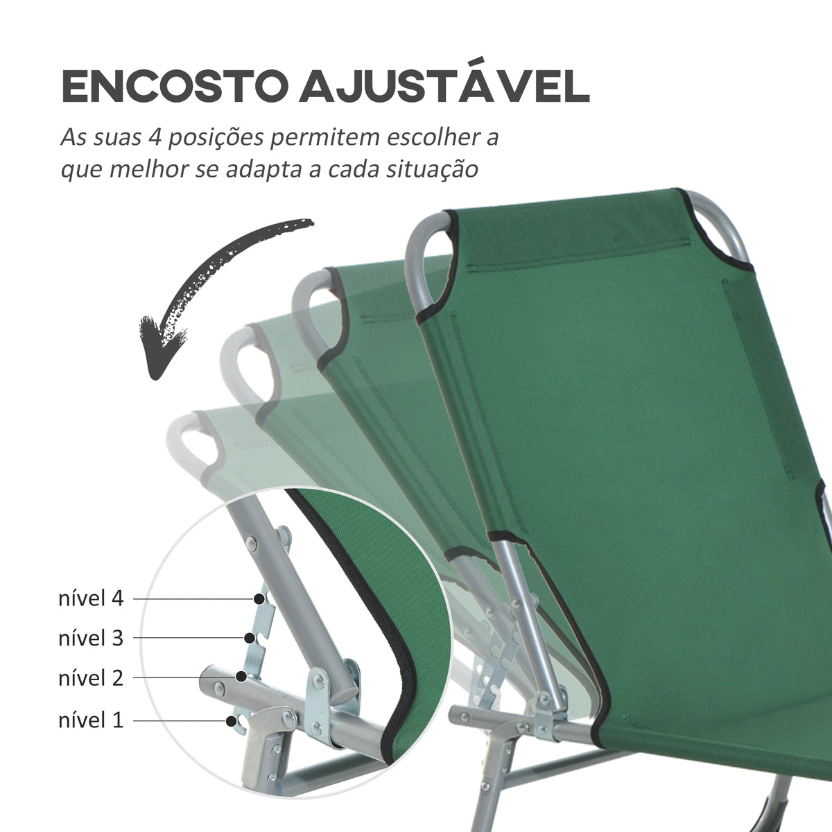 Espreguiçadeira Dobrável e Reclinável em 4 Posições Espreguiçadeira de Campismo com Estrutura Metálica e Tecido Oxford para Exterior 187x58x28 cm Verde — foto 4