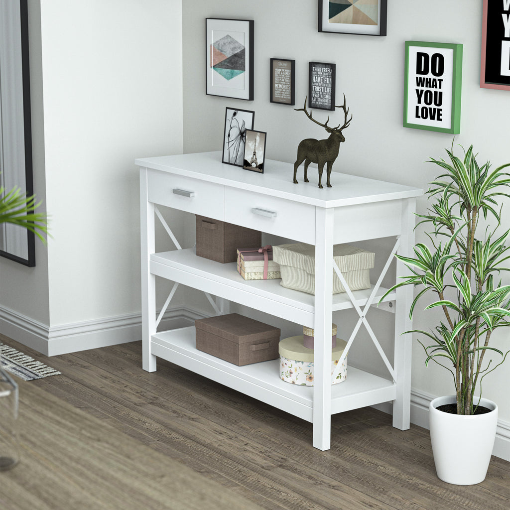 Mesa de console de estilo moderno com 2 gavetas e prateleiras inferiores 105x40x76 cm Branco — foto 7