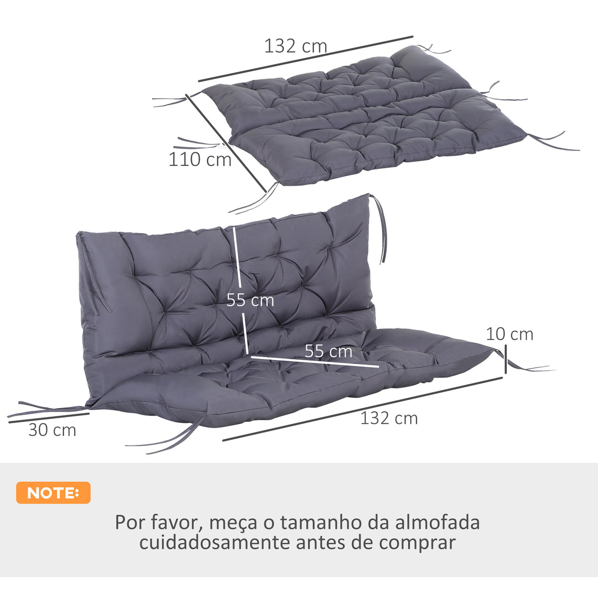 Almofada para Banco com Encosto 120x110x12cm Almofada de Banco de 2 Lugares com 6 Cordões de Fixação para Jardim Terraço Balcão Exterior Cinza — foto 3
